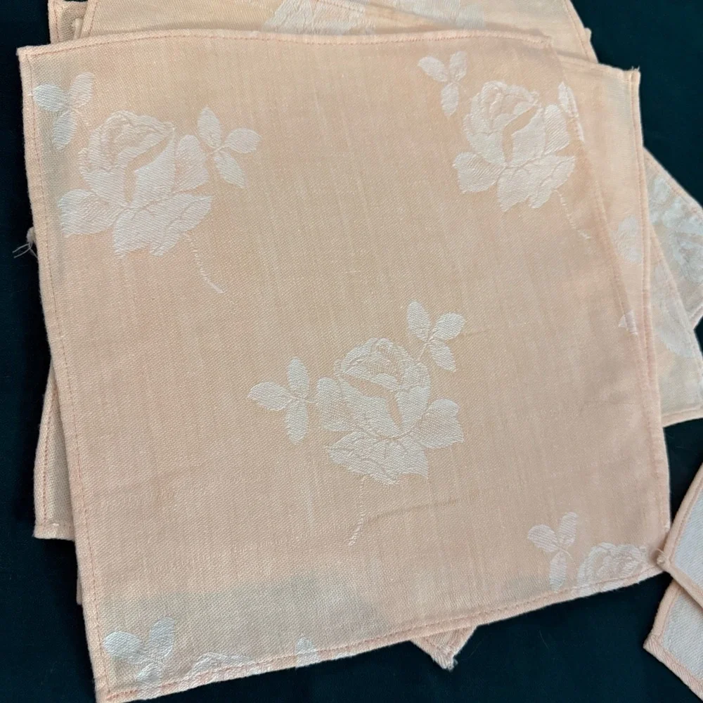Set of 8 Peach Floral Jacquard Cloth‎ Napkins Rose Vine Pattern Elegant Dinner
